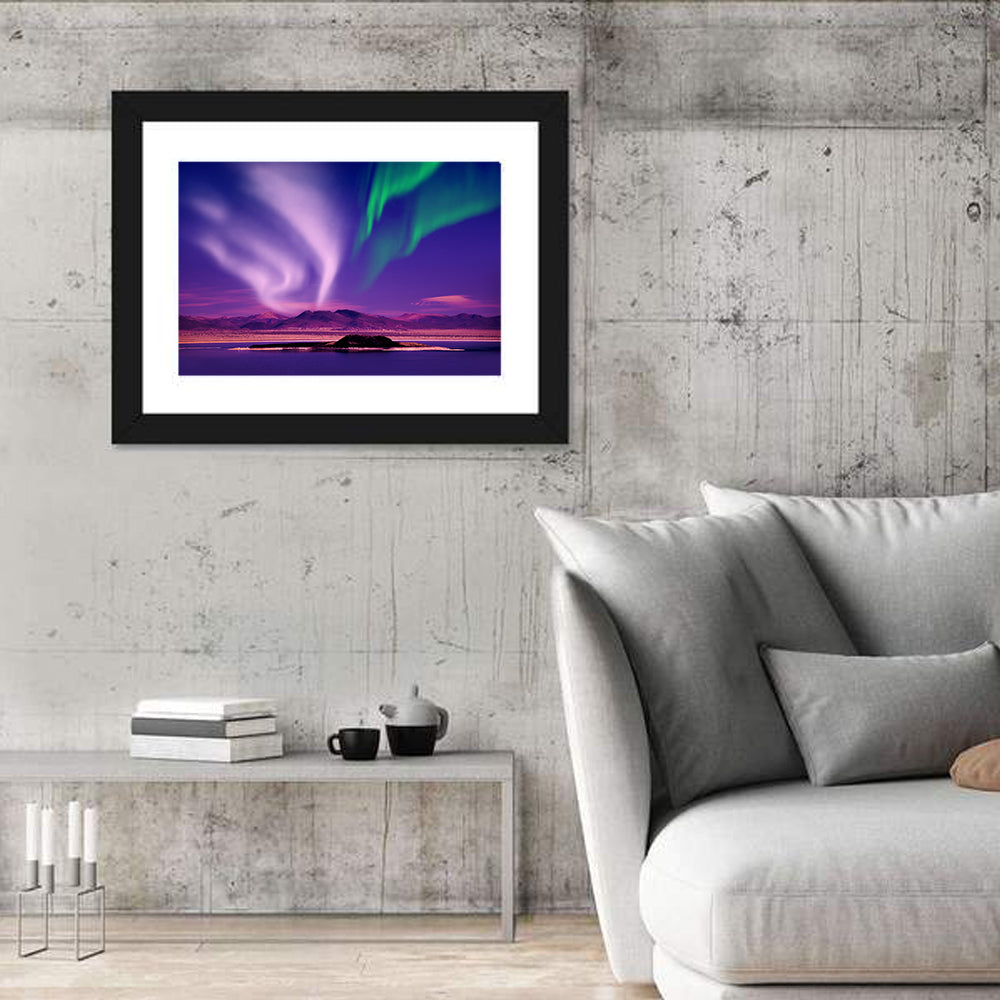 Violet Aurora Over Island Lake Wall Art in a room, landscape