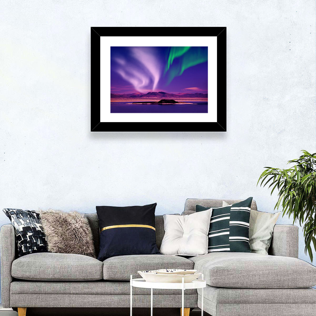 Violet Aurora Over Island Lake Wall Art in a room, landscape