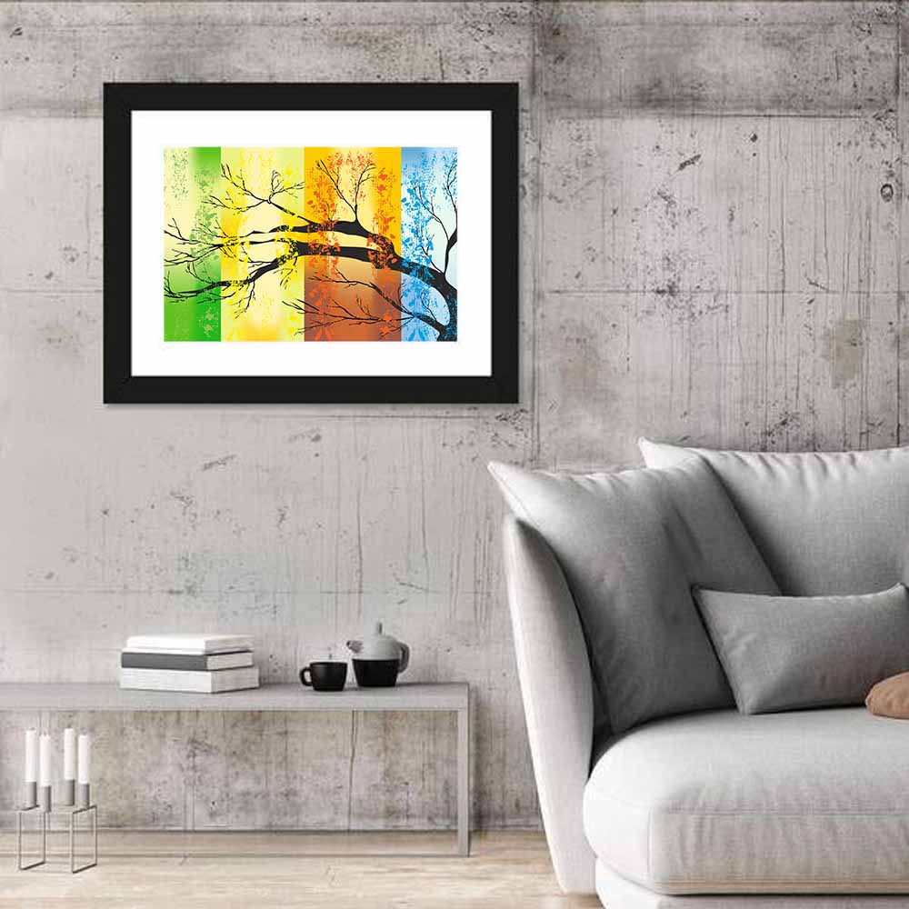 Four Seasons Tree Silhouette Wall Art in a room, landscape