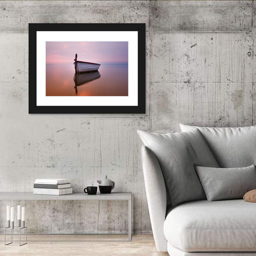 Pastel Boat Reflection Wall Art in a room, landscape