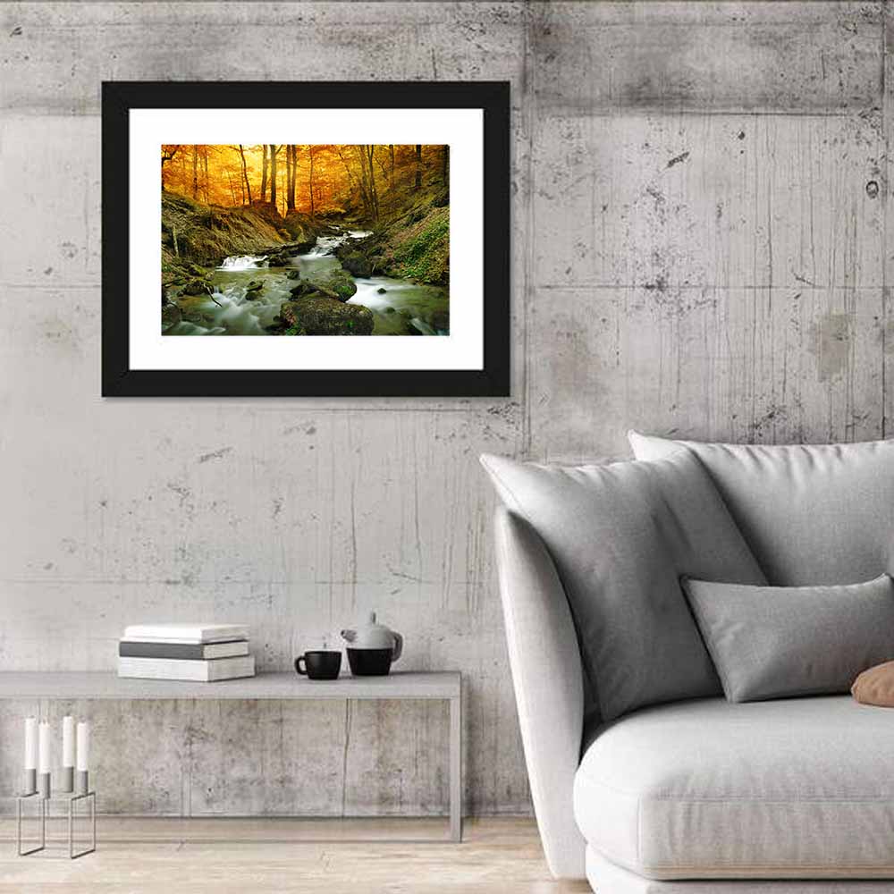 Sunlit Forest Stream Wall Art in a room, landscape