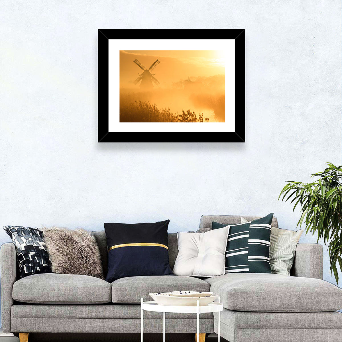 Golden Dutch Windmill Sunrise Wall Art in a room, landscape