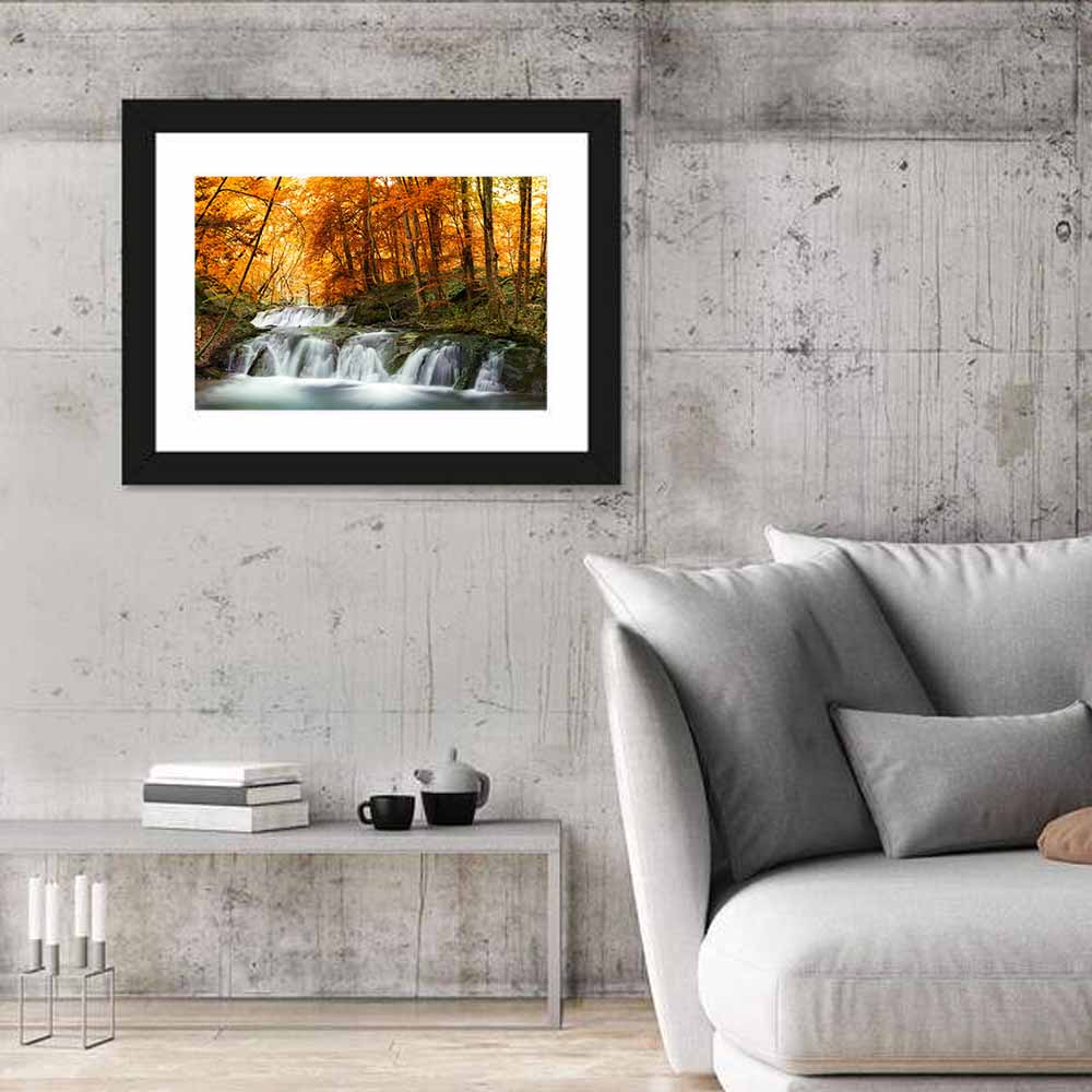 Autumn Forest Waterfall Wall Art in a room, landscape