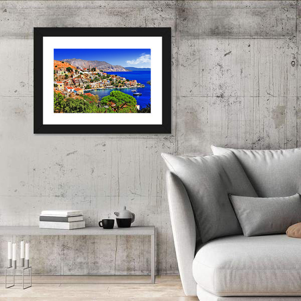 Symi Harbor, Greece Wall Art in a room, landscape