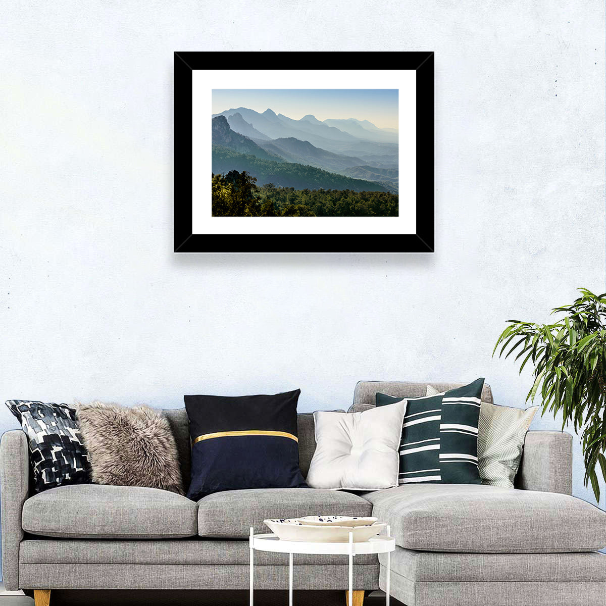 Misty Mountain Ridges Wall Art in a room, landscape