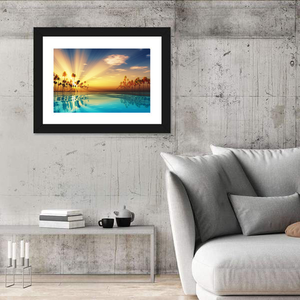 Turquoise Sunset Over Palm Island Wall Art in a room, landscape
