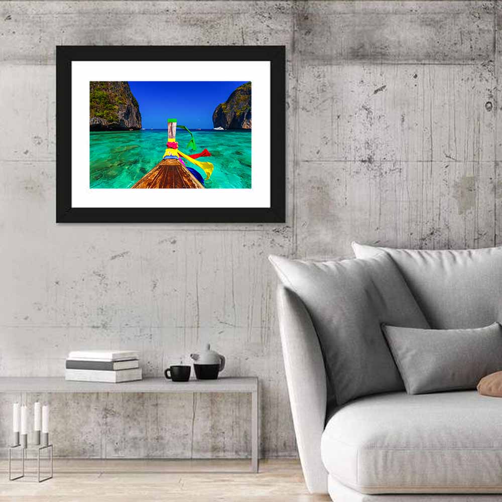 Maya Bay Long-tail Boat Wall Art in a room, landscape