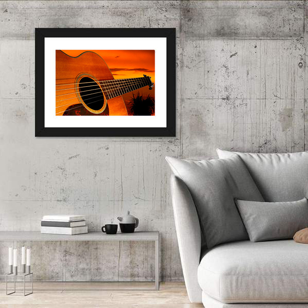 Sunset Acoustic Guitar Silhouette Wall Art in a room, landscape