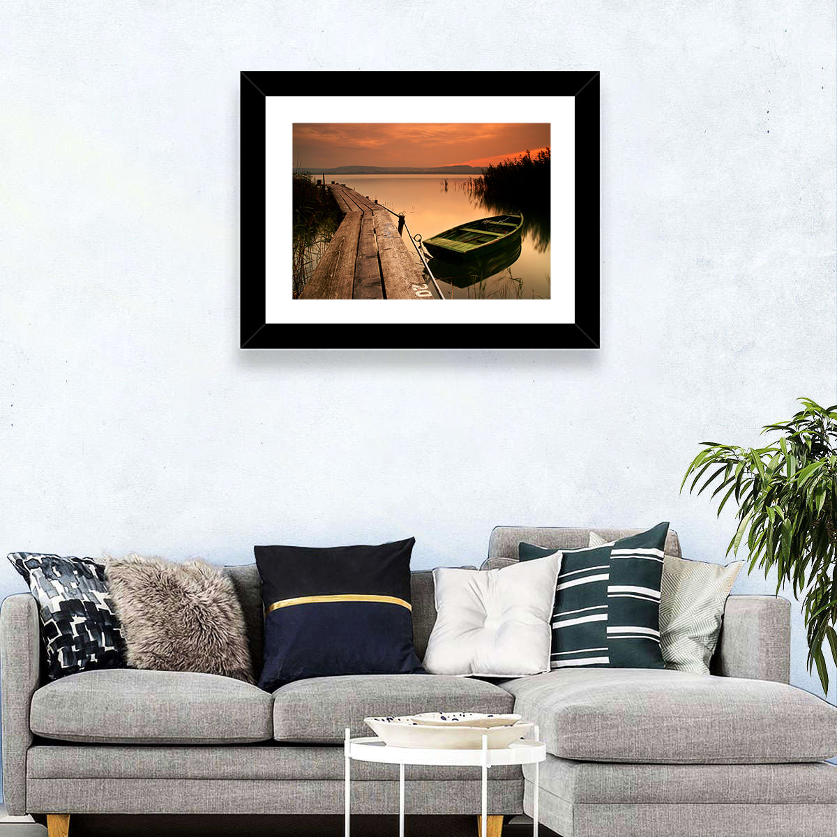 Pier and Rowboat on Lake Balaton Wall Art in a room, landscape