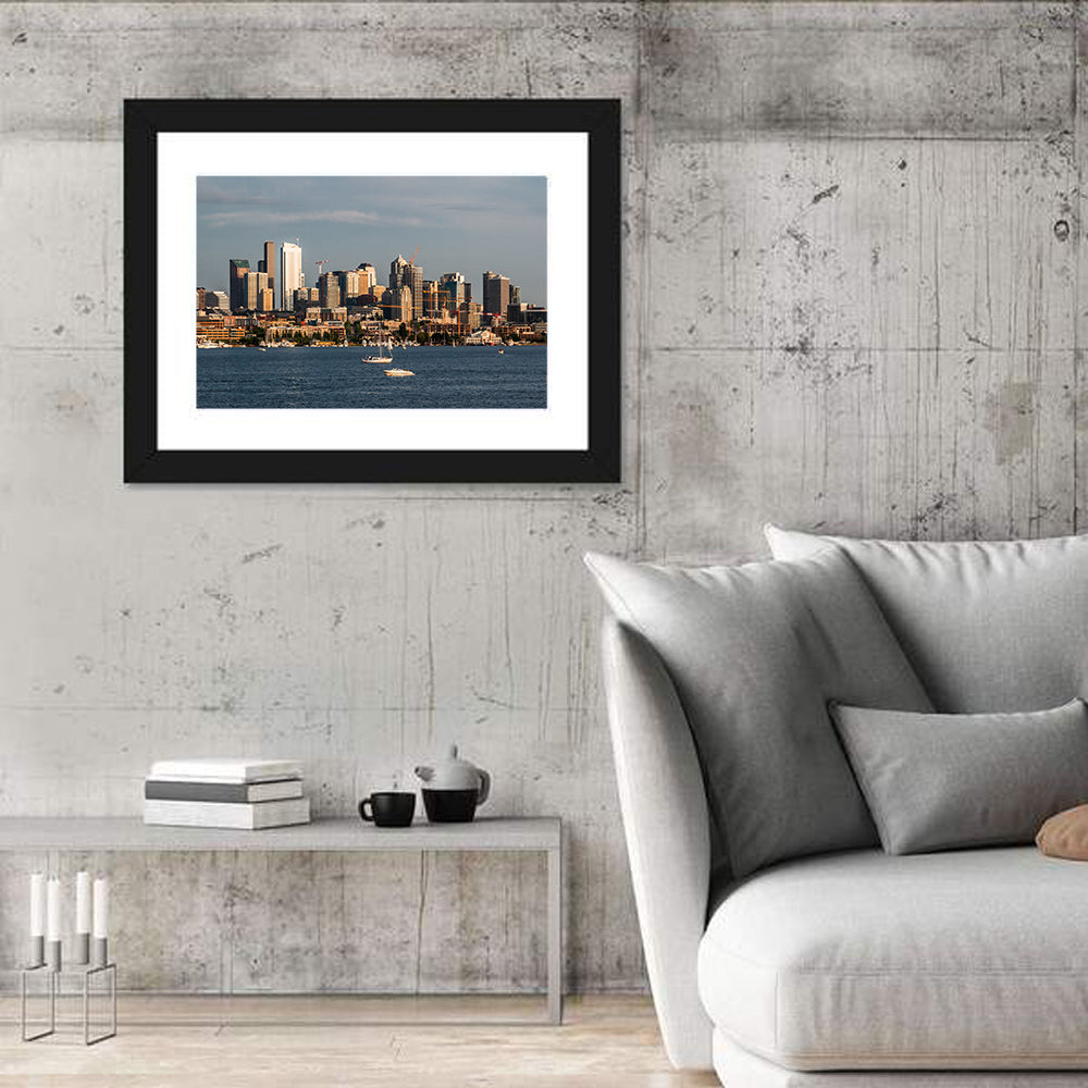 Seattle Skyline at Golden Hour Wall Art in a room, landscape