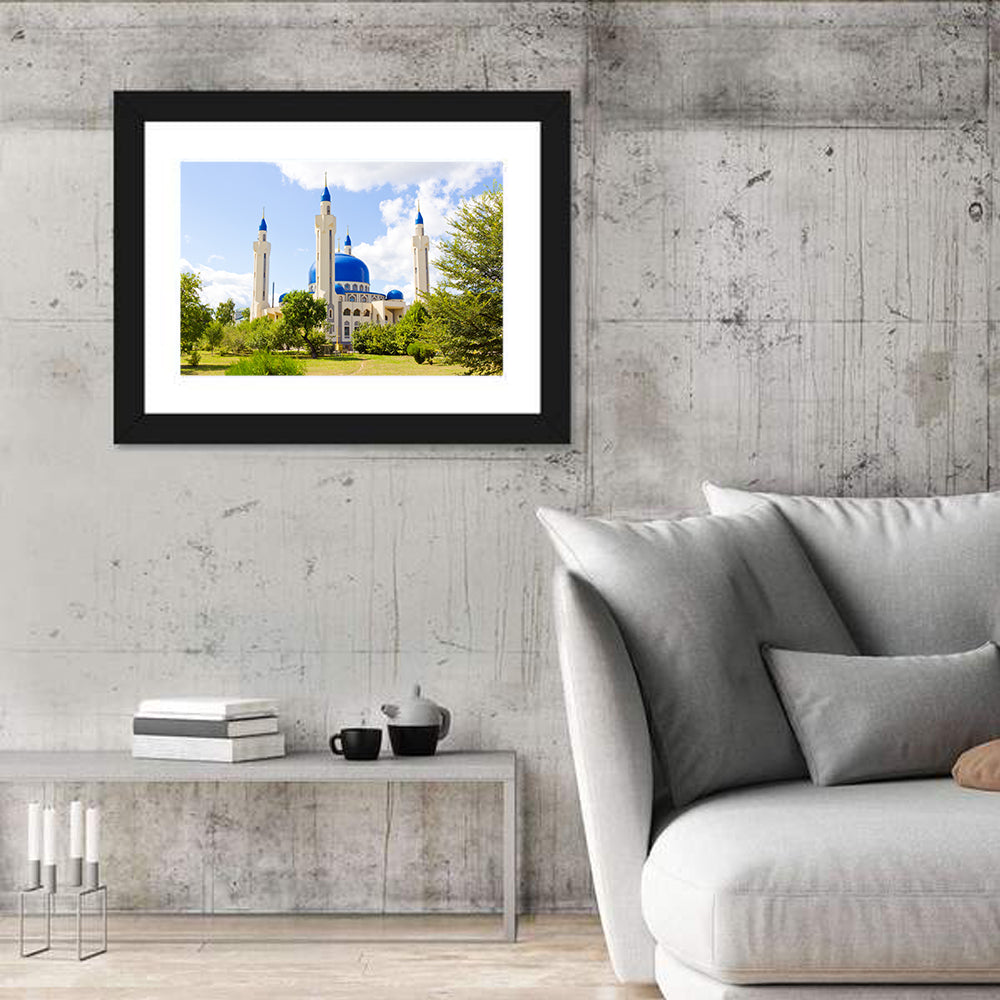 Blue Domed Mosque with Golden Minarets Wall Art in a room, landscape