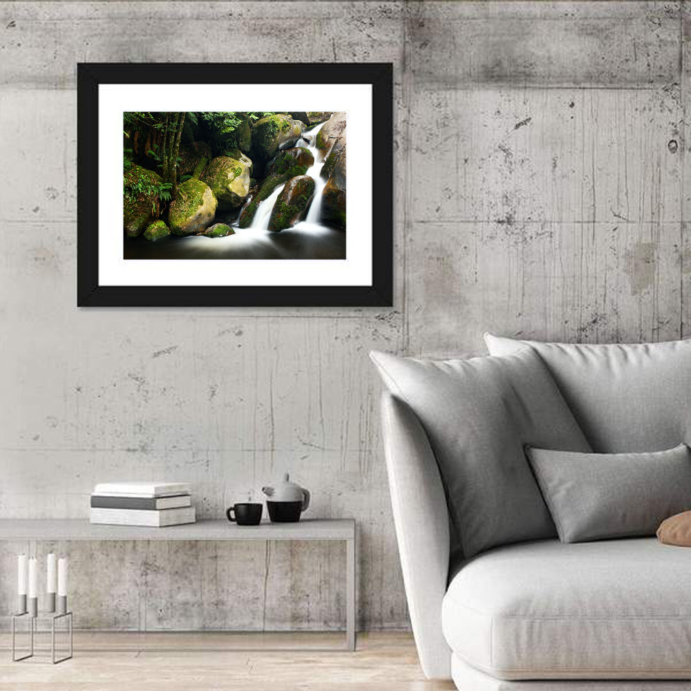 Rainforest Waterfall with Moss Covered Boulders Wall Art in a room, landscape