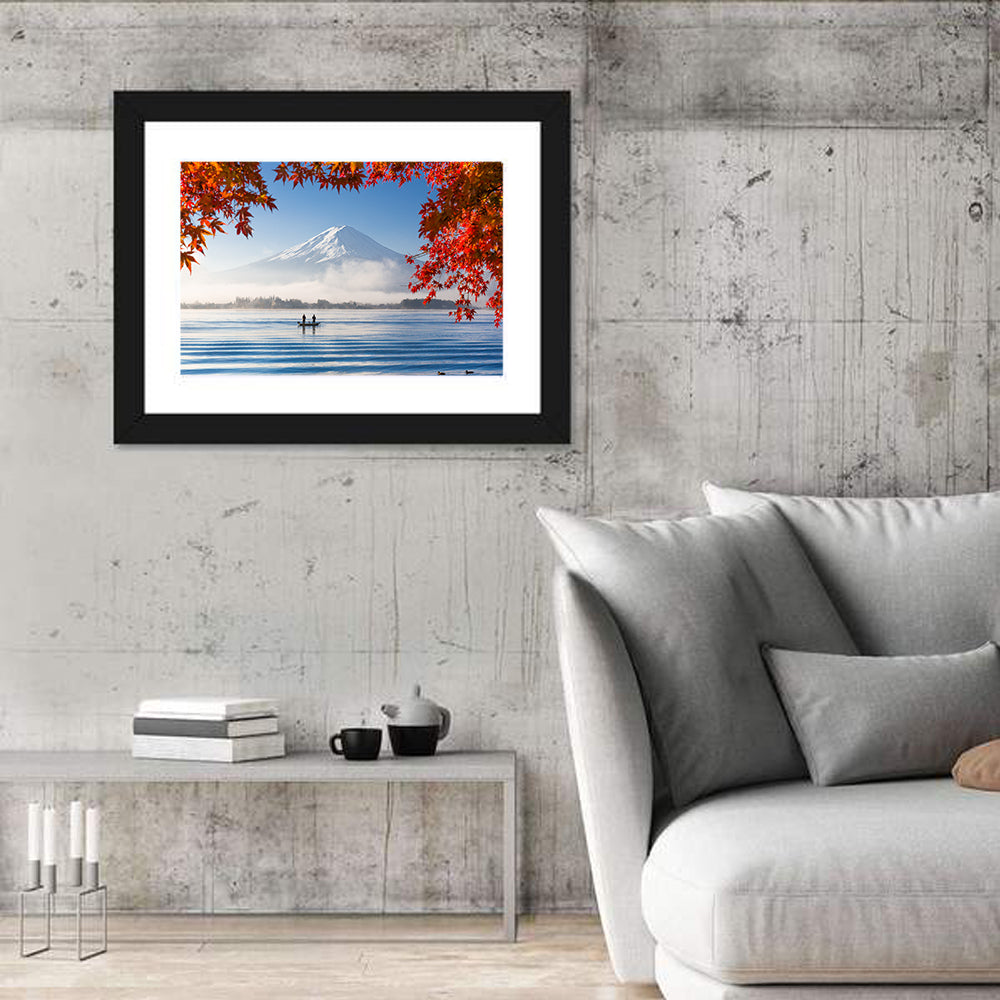Mount Fuji Over Lake Kawaguchiko Wall Art in a room, landscape