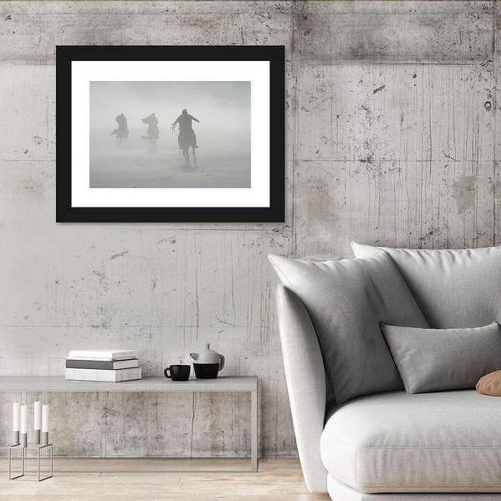 Silhouetted Horse Riders in Mist Wall Art in a room, landscape