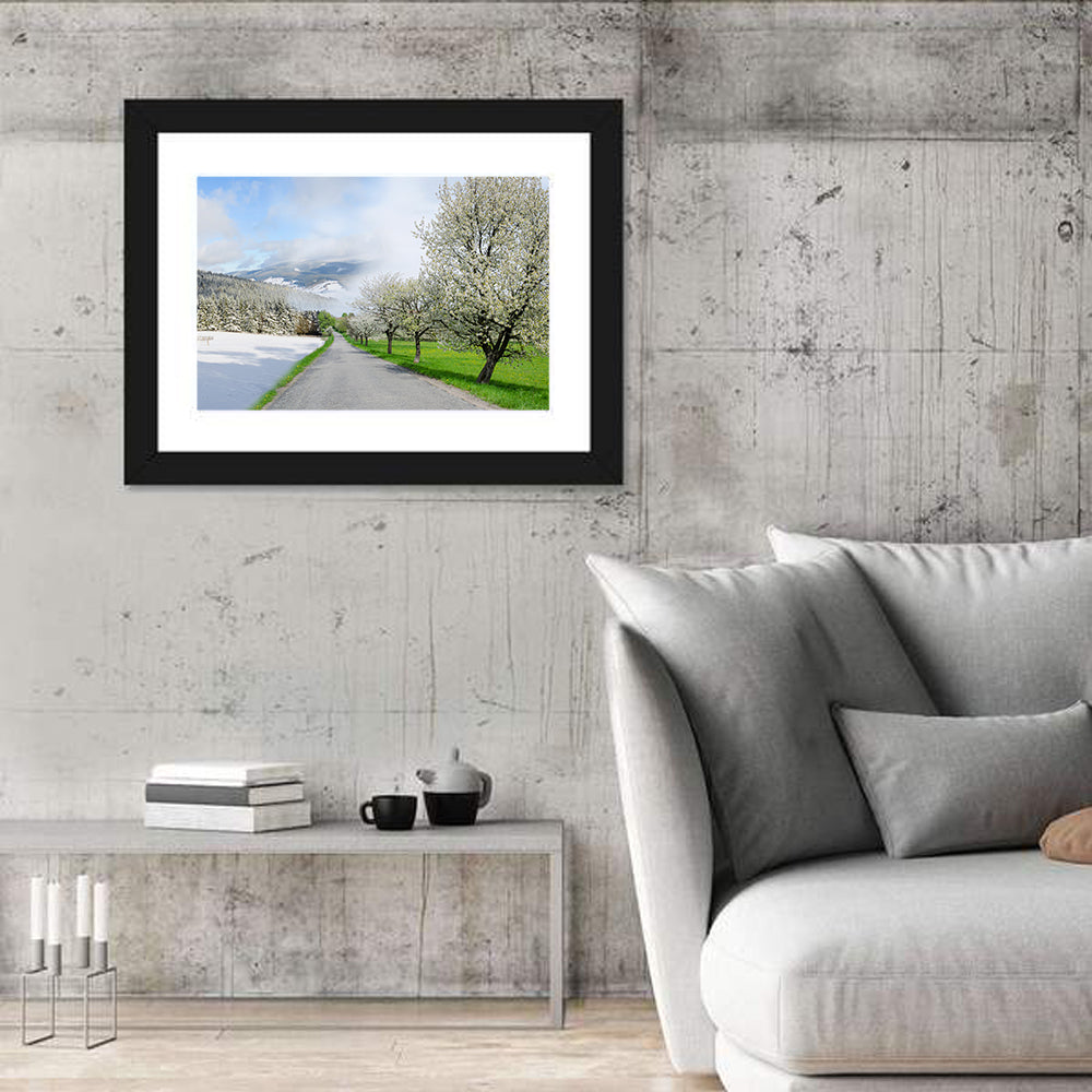 Season Change Road to Snowy Mountain Wall Art in a room, landscape