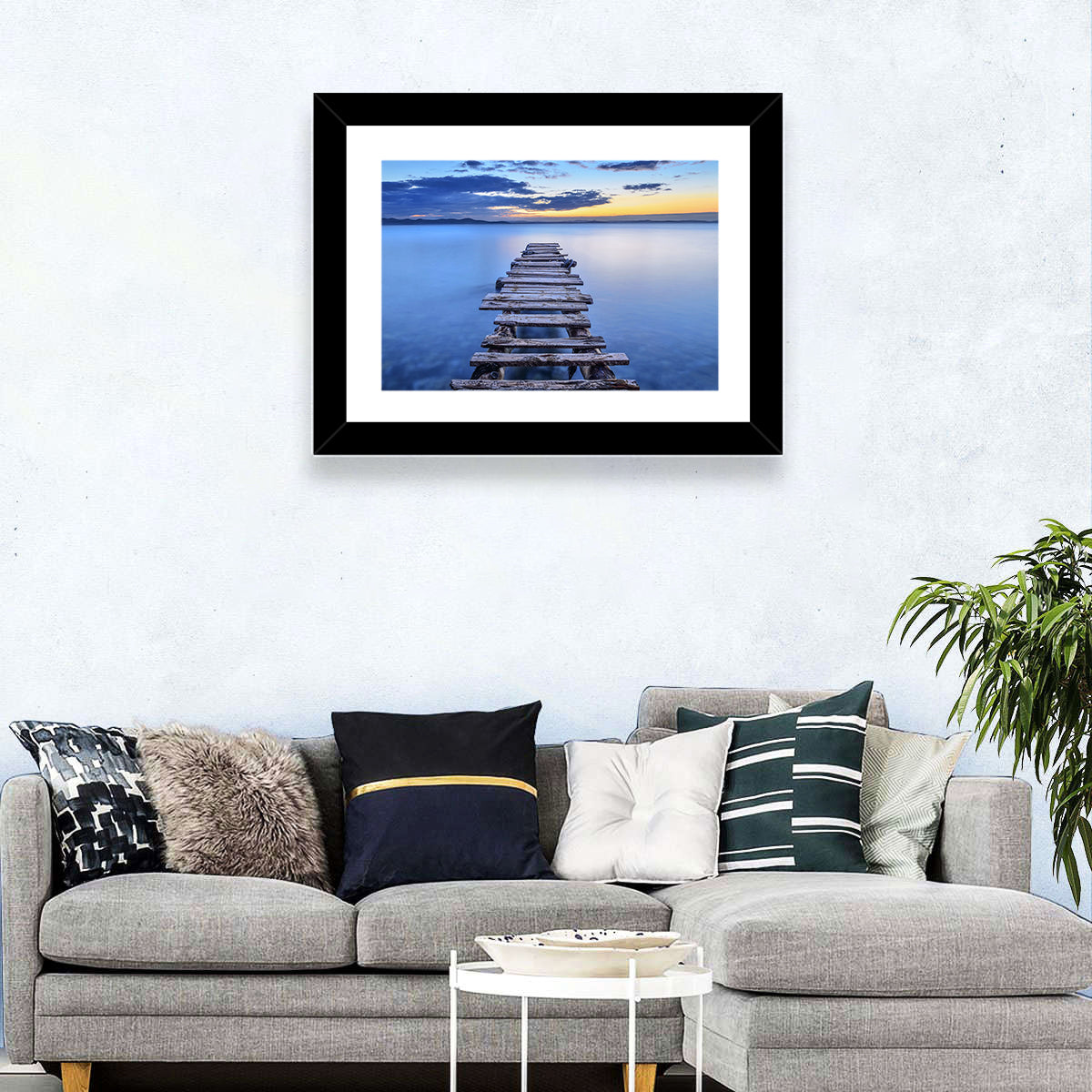 Weathered Lake Pier at Dusk Wall Art in a room, landscape