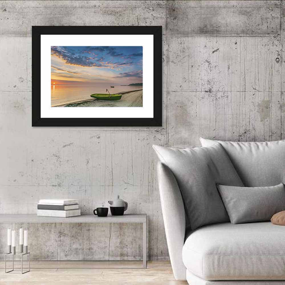 Green Rowboat at Sunrise Wall Art in a room, landscape