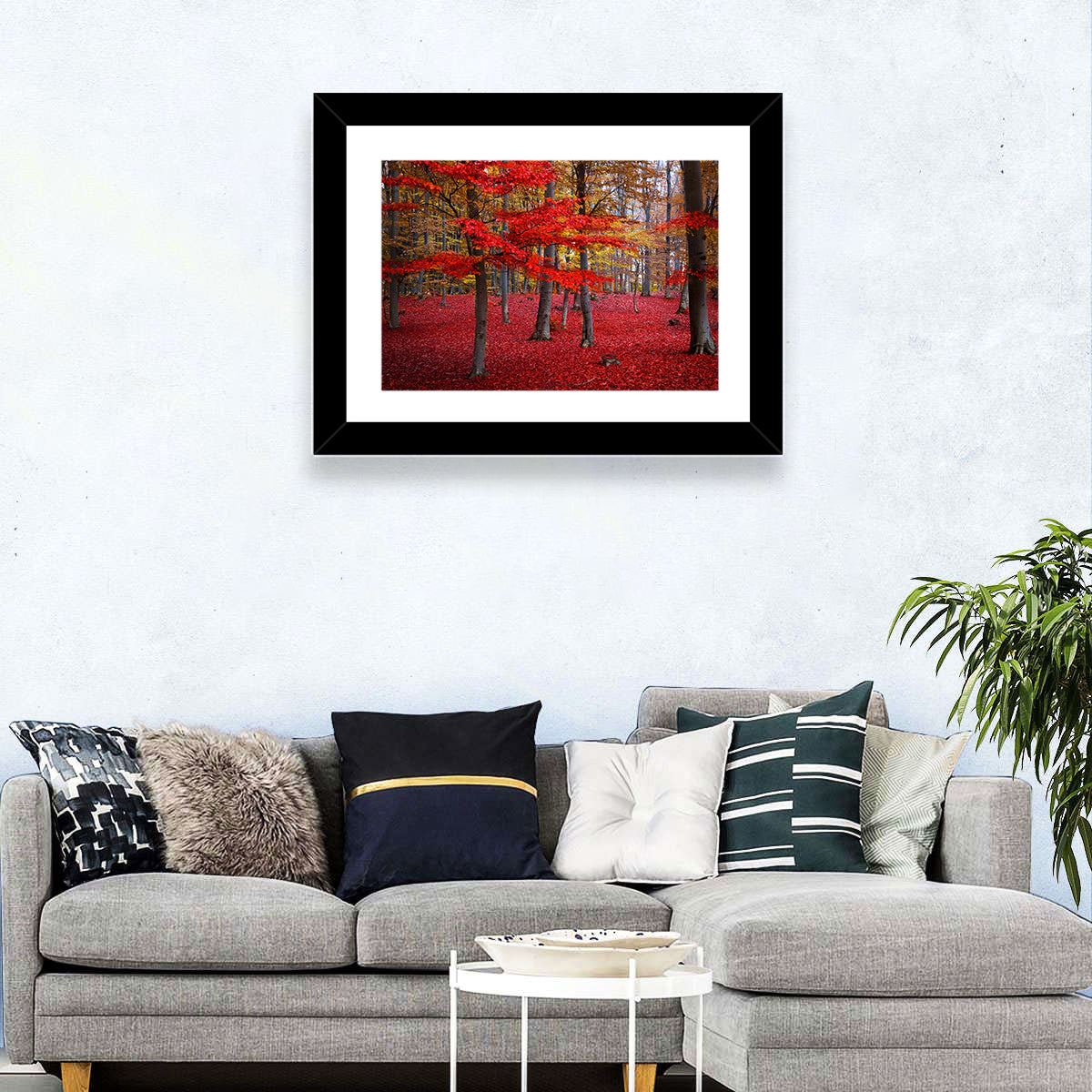 Crimson Autumn Forest Wall Art in a room, landscape
