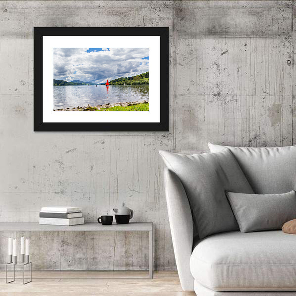 Bala Lake Sailboat Reflection Wall Art in a room, landscape