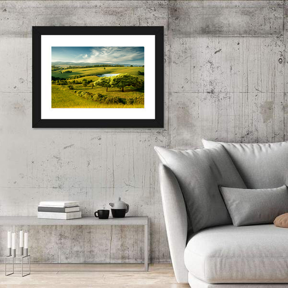 Rolling Hills with Pond Wall Art in a room, landscape