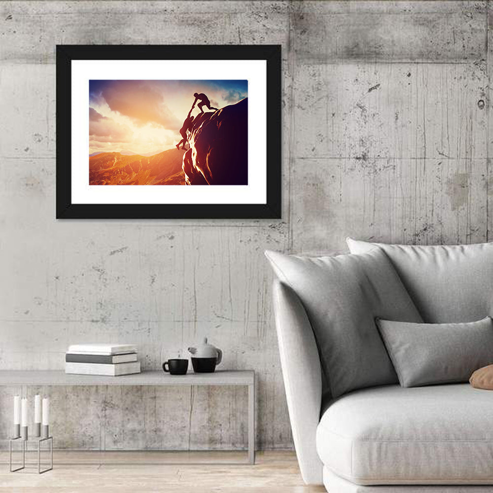 Two Hikers Summit Assist at Sunset Wall Art in a room, landscape