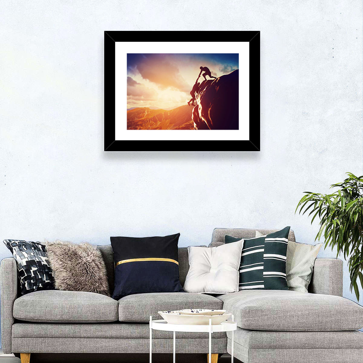 Two Hikers Summit Assist at Sunset Wall Art