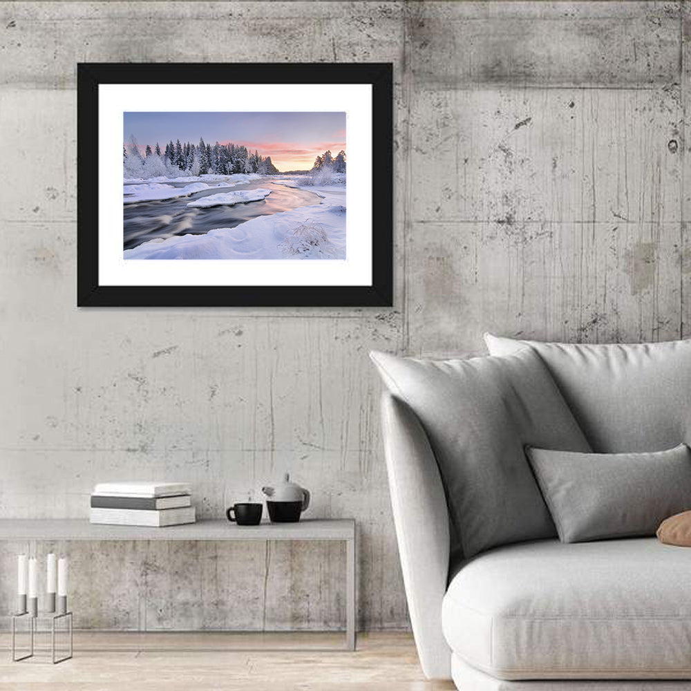 Kiiminkijoki Winter Sunrise Wall Art in a room, landscape