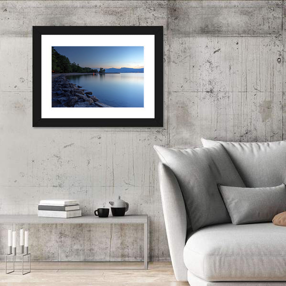 Lake Neuchatel Twilight Wall Art in a room, landscape
