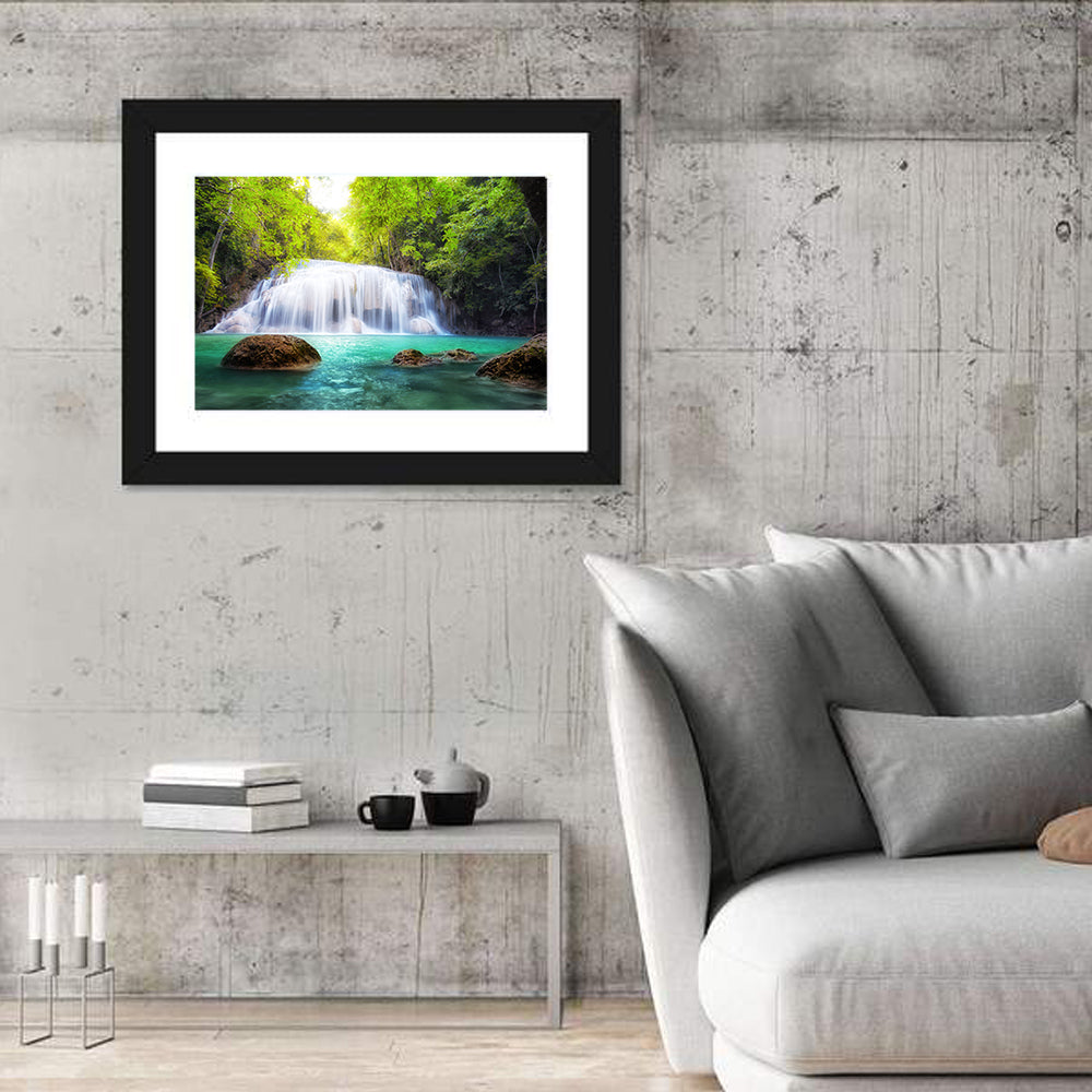Erawan Falls Turquoise Waterfall Wall Art in a room, landscape