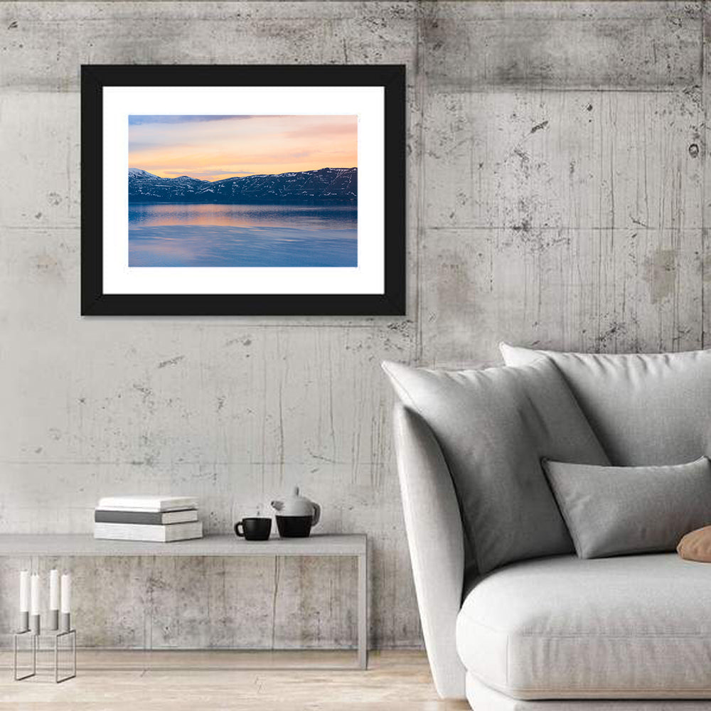 Lake Sevan Evening Reflection Wall Art in a room, landscape