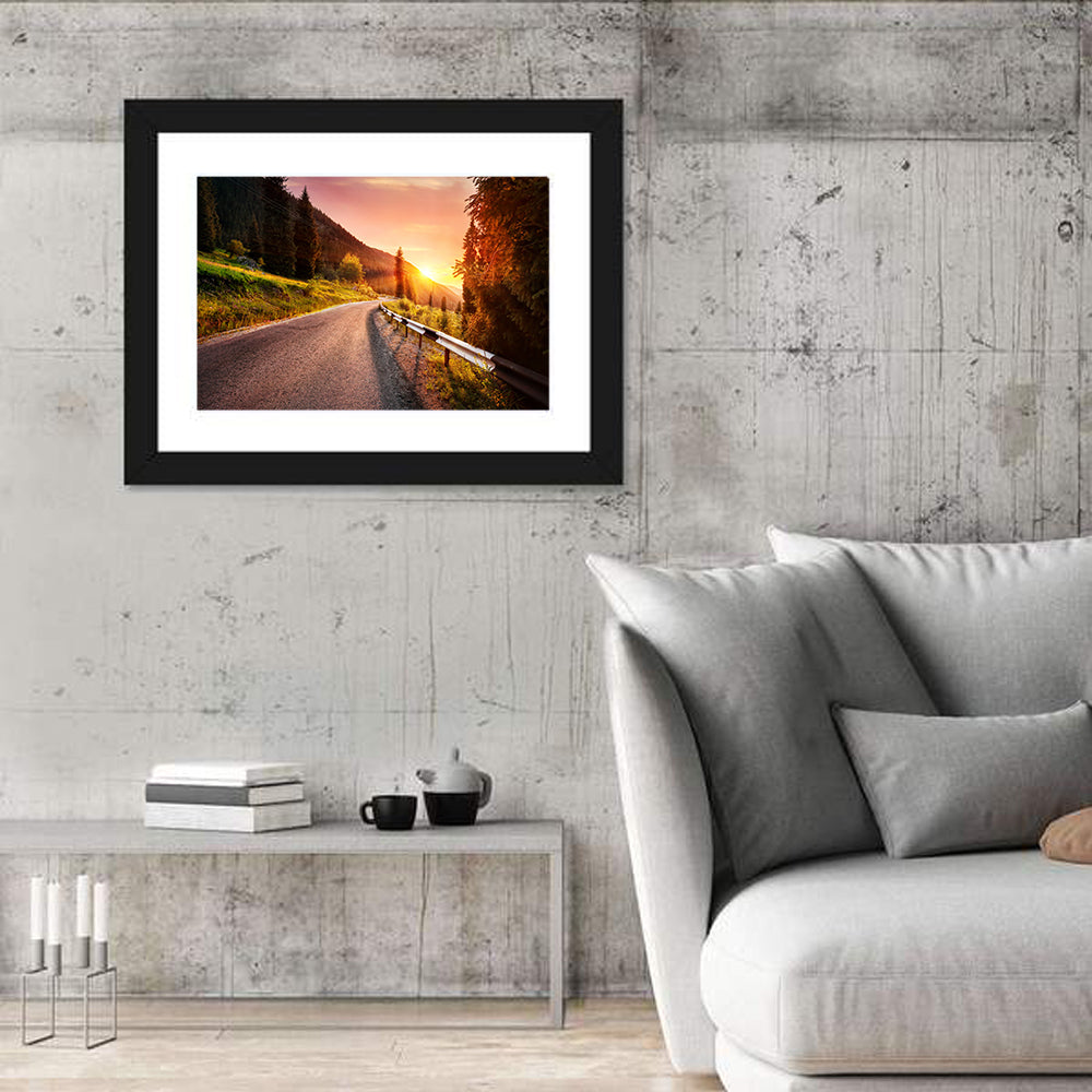 Golden Hour Mountain Road Wall Art in a room, landscape