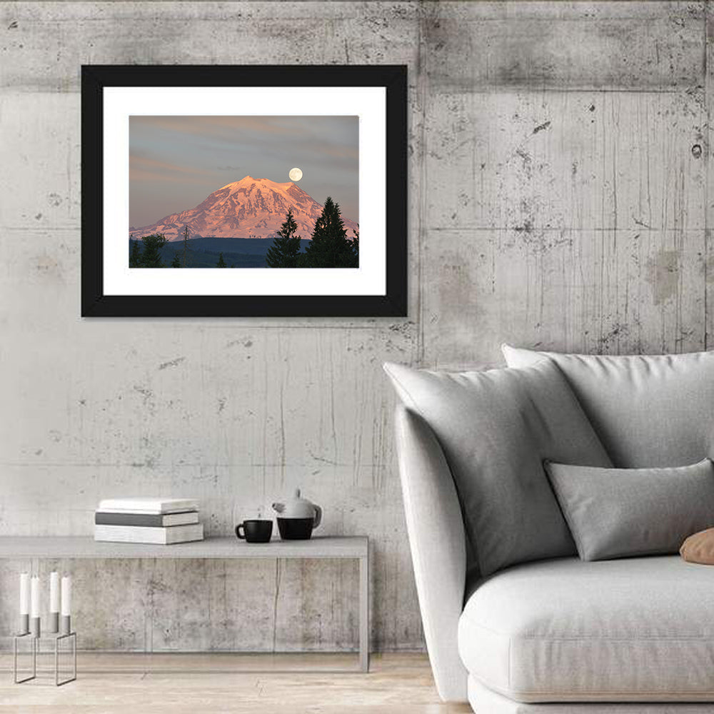 Mount Rainier Alpenglow with Full Moon Wall Art