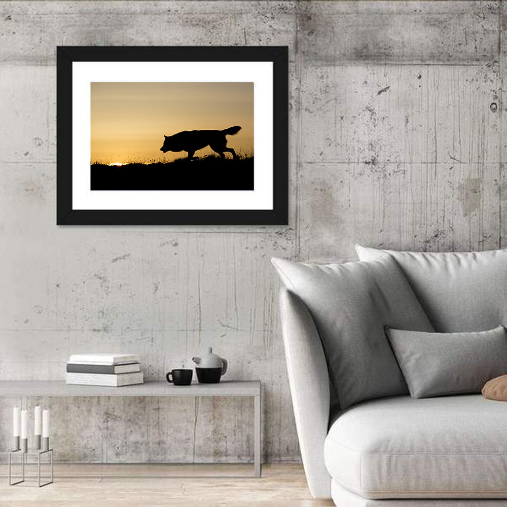 Wolf at Golden Horizon Wall Art in a room, landscape
