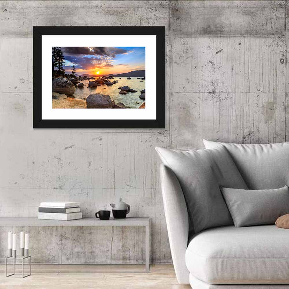 Lake Tahoe Sunset with Boulders Wall Art in a room, landscape
