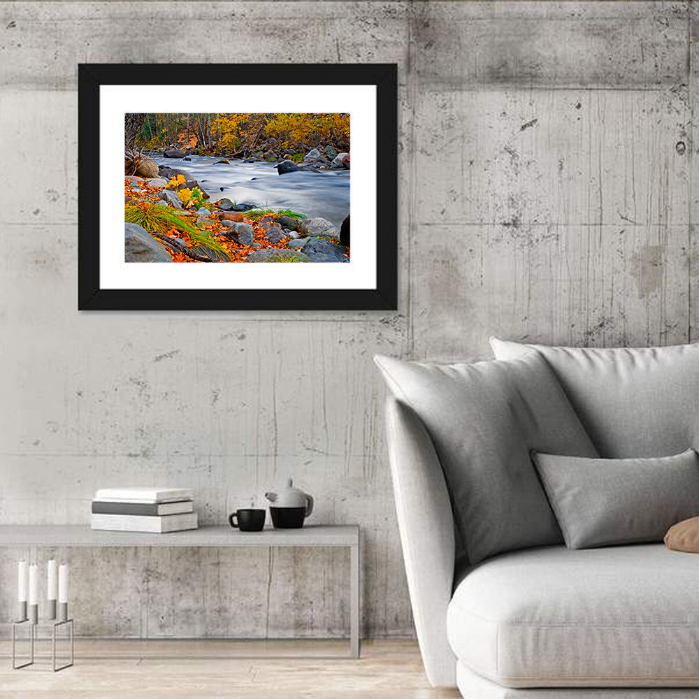 Golden Autumn Forest Creek Wall Art in a room, landscape