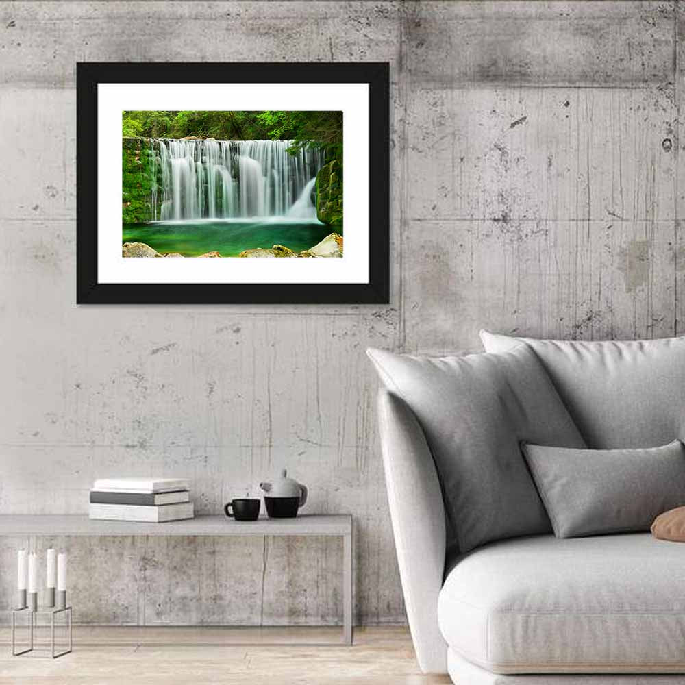 Emerald Lake Waterfall Wall Art in a room, landscape