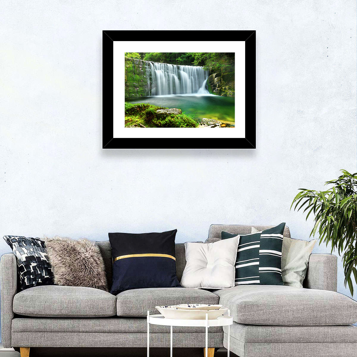 Emerald Forest Waterfall with Mossy Stones Wall Art in a room, landscape