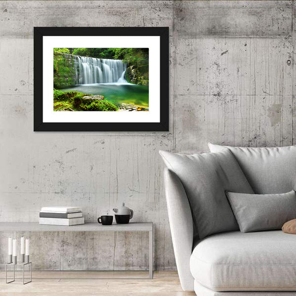 Emerald Forest Waterfall with Mossy Stones Wall Art in a room, landscape