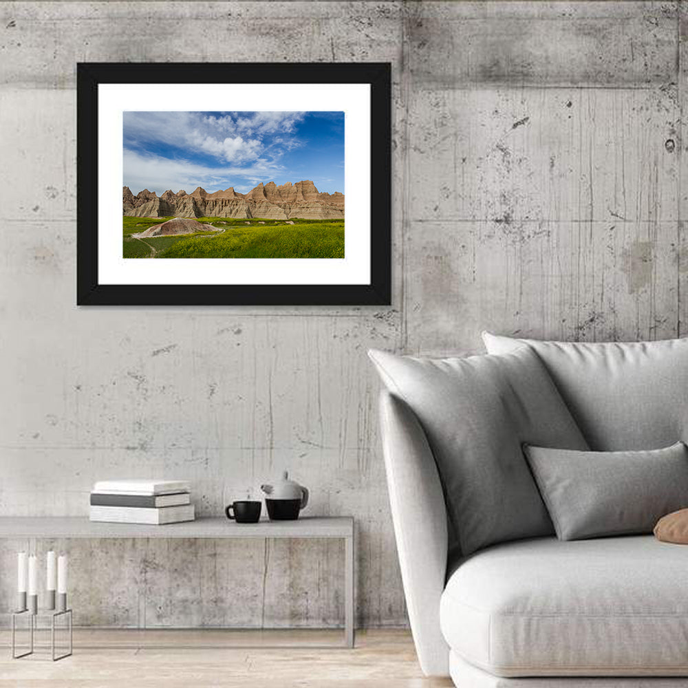 Badlands Meadow and Rock Formations Wall Art in a room, landscape
