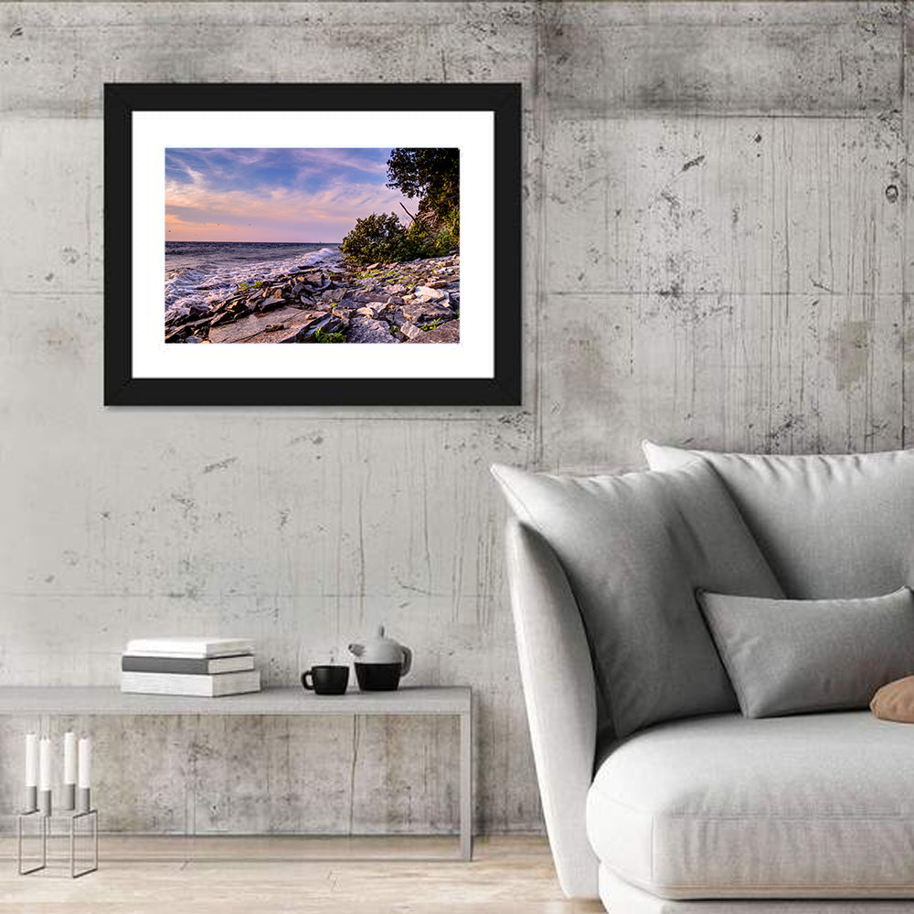 Lake Michigan Rocky Shoreline at Dusk Wall Art in a room, landscape