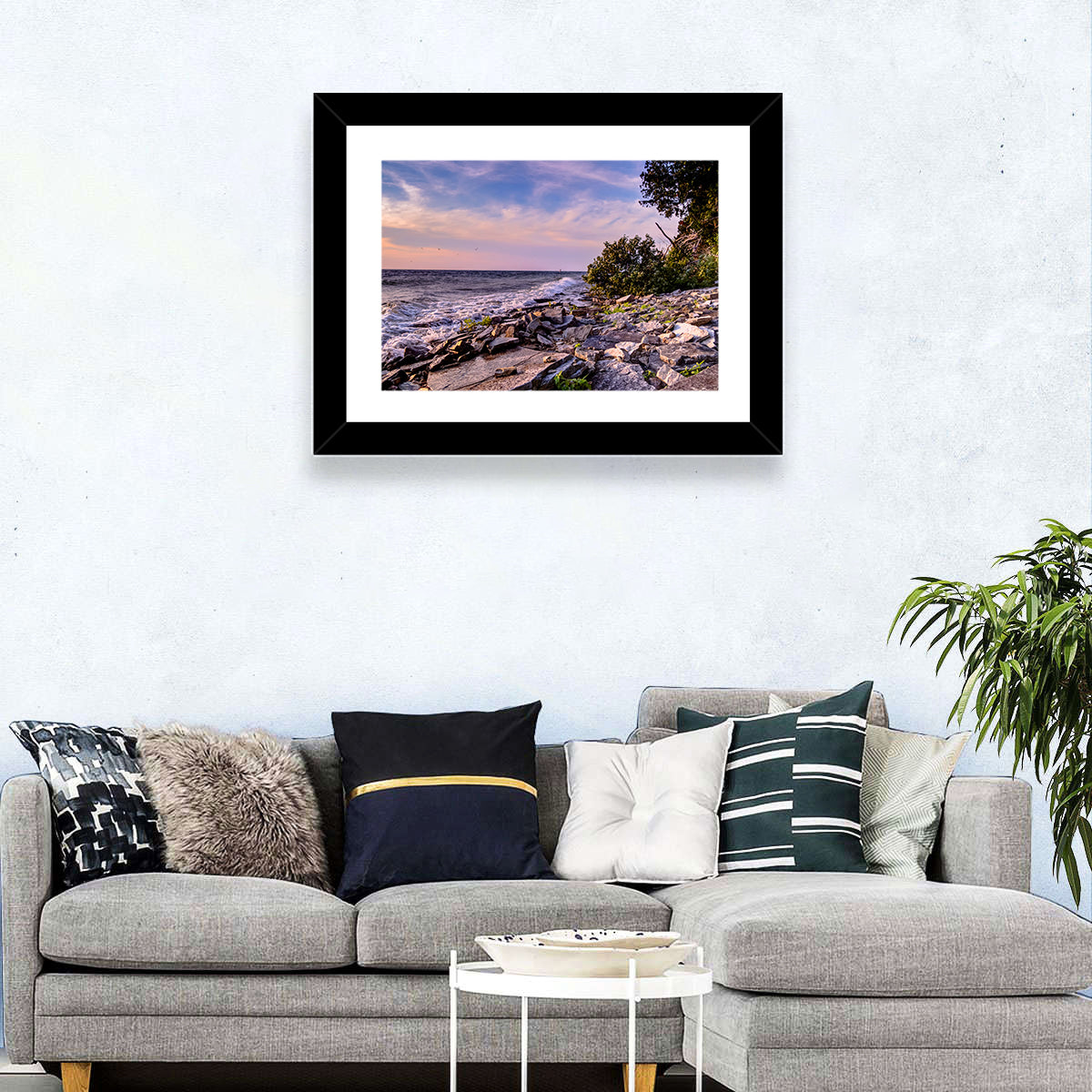 Lake Michigan Rocky Shoreline at Dusk Wall Art in a room, landscape