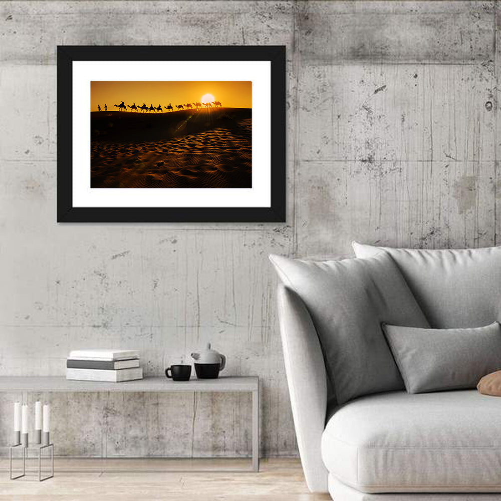 Camel Caravan Silhouette at Golden Sunset Wall Art in a room, landscape