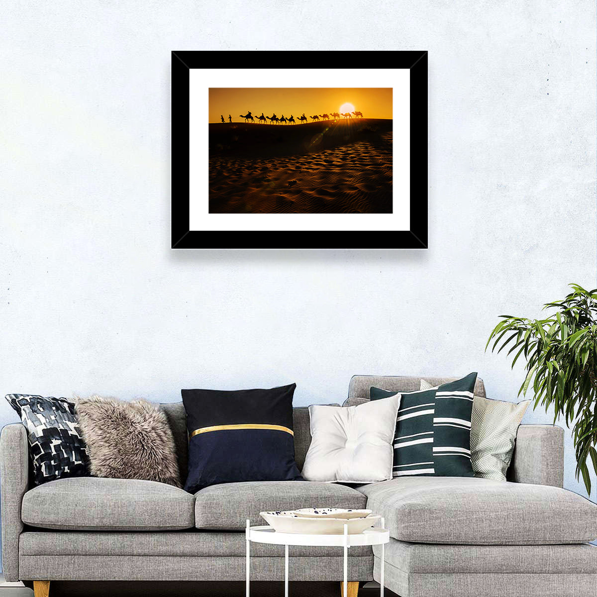Camel Caravan Silhouette at Golden Sunset Wall Art