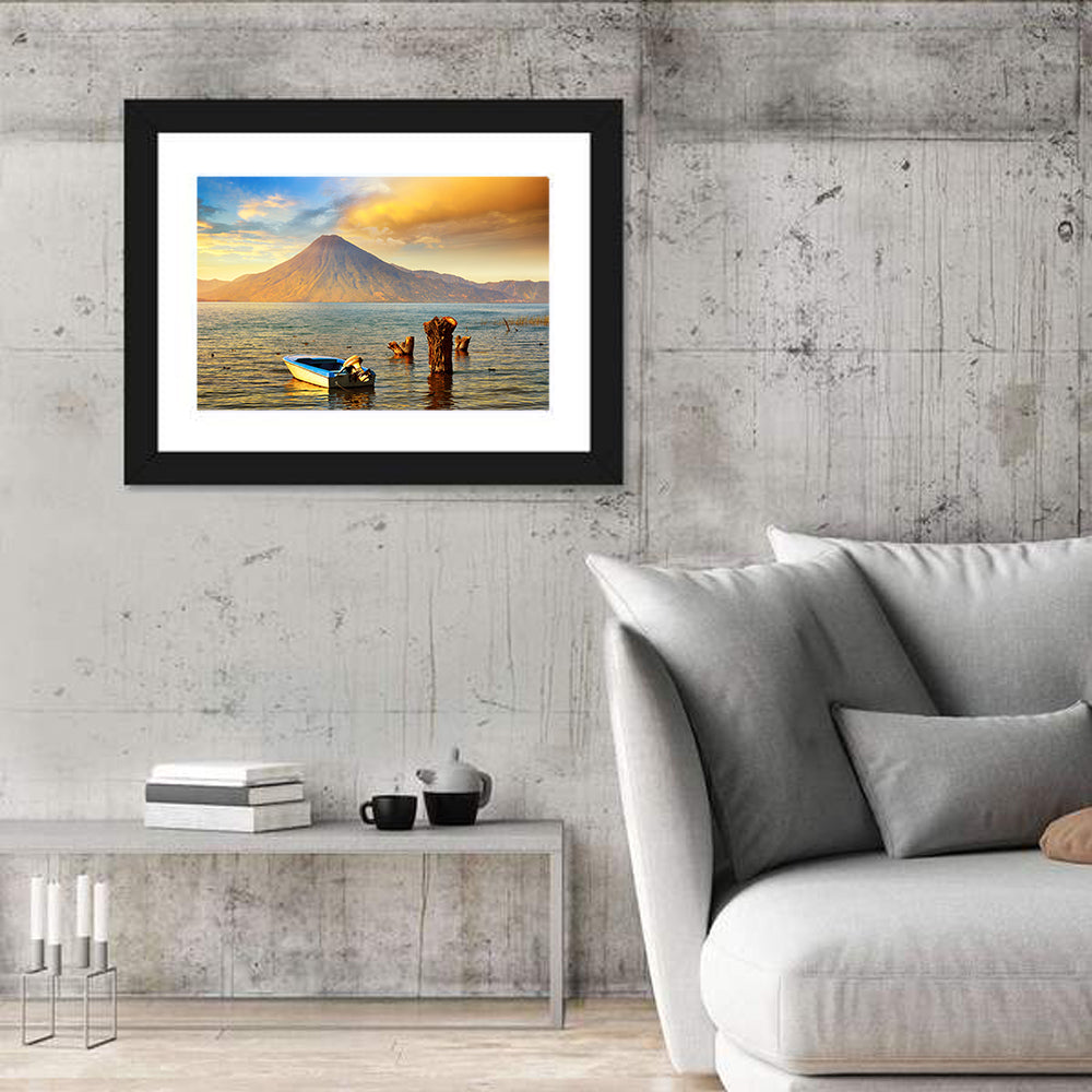 Lake Atitlan Sunset Wall Art in a room, landscape