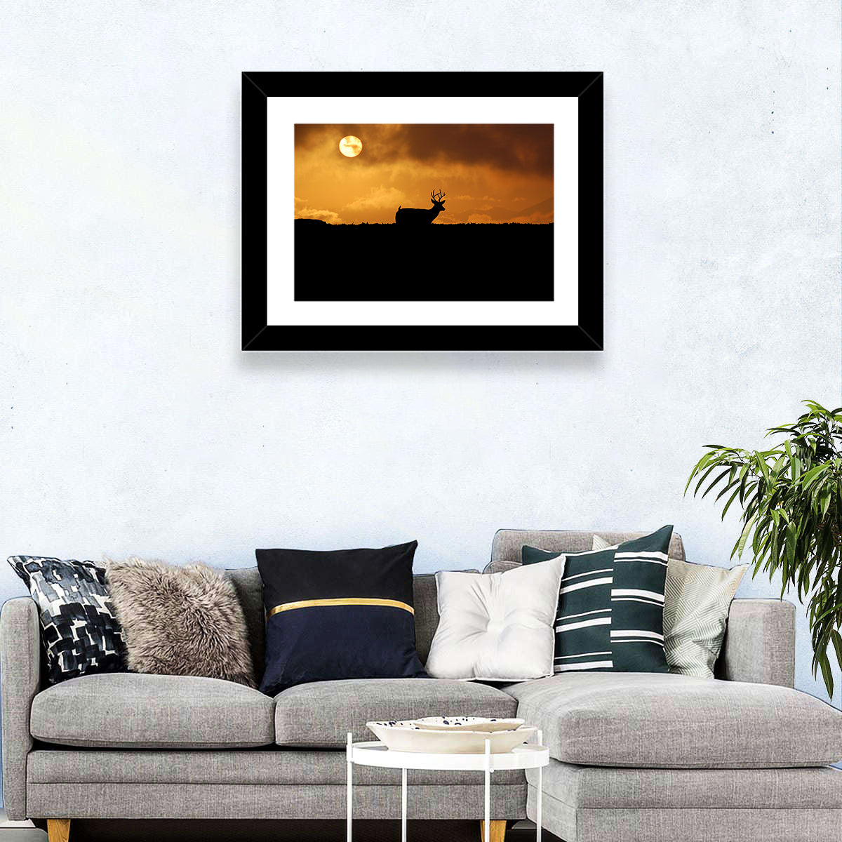 Deer at Sunset Wall Art in a room, landscape