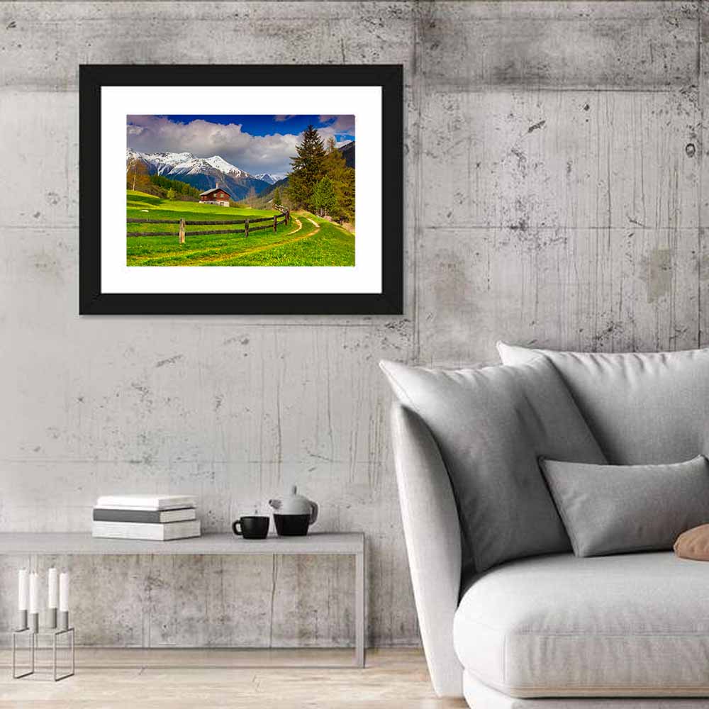 Alpine Meadow Cabin, Swiss Alps Wall Art in a room, landscape