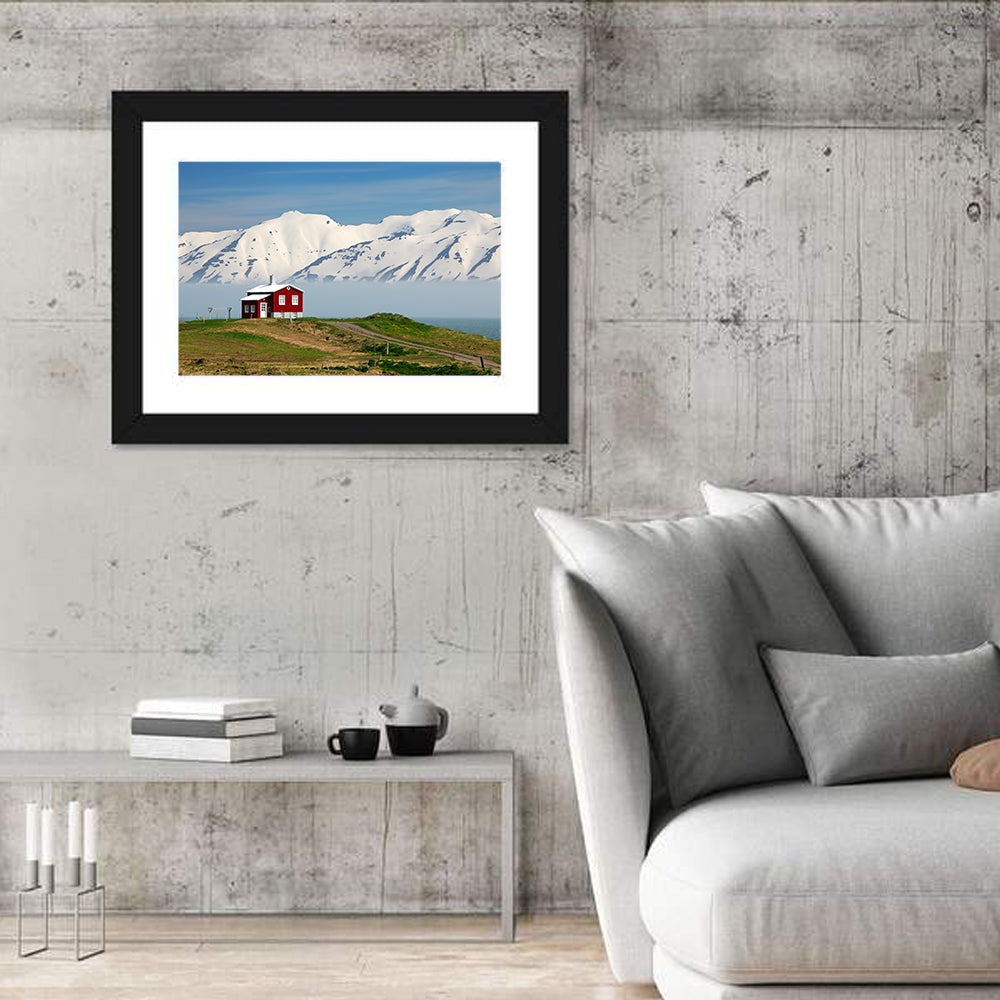 Red House by Fjord Wall Art in a room, landscape