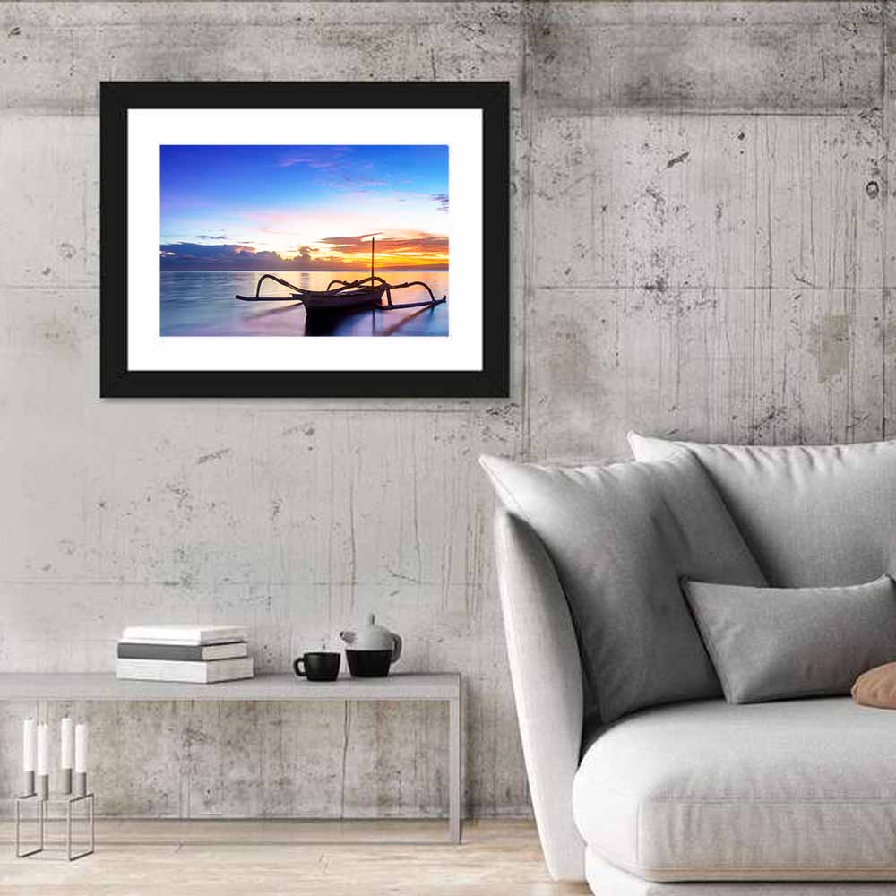 Jukung Fishing Boat at Sunset Wall Art in a room, landscape