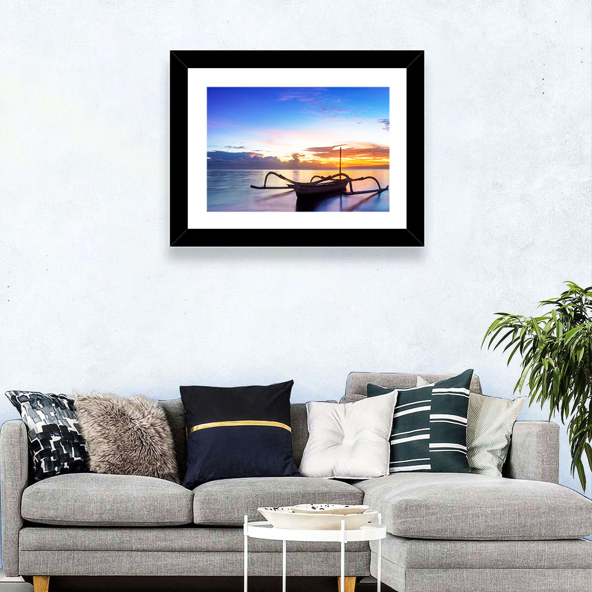 Jukung Fishing Boat at Sunset Wall Art in a room, landscape