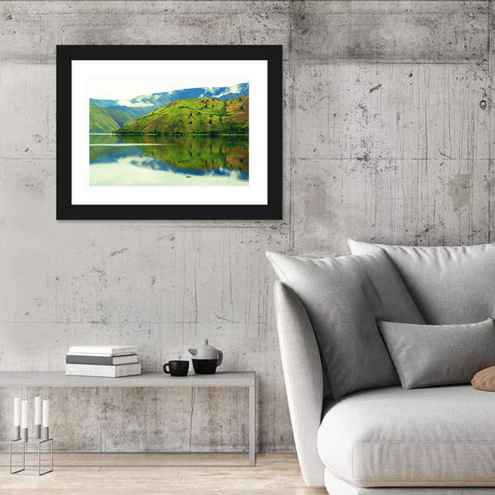 Lake Toba Reflection Wall Art in a room, landscape